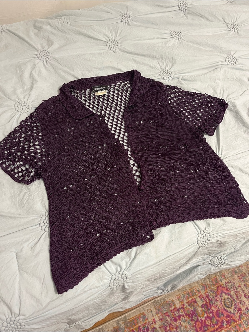 Hand Knit Vintage Vested Crochet Sweater - Purple Short Sleeve